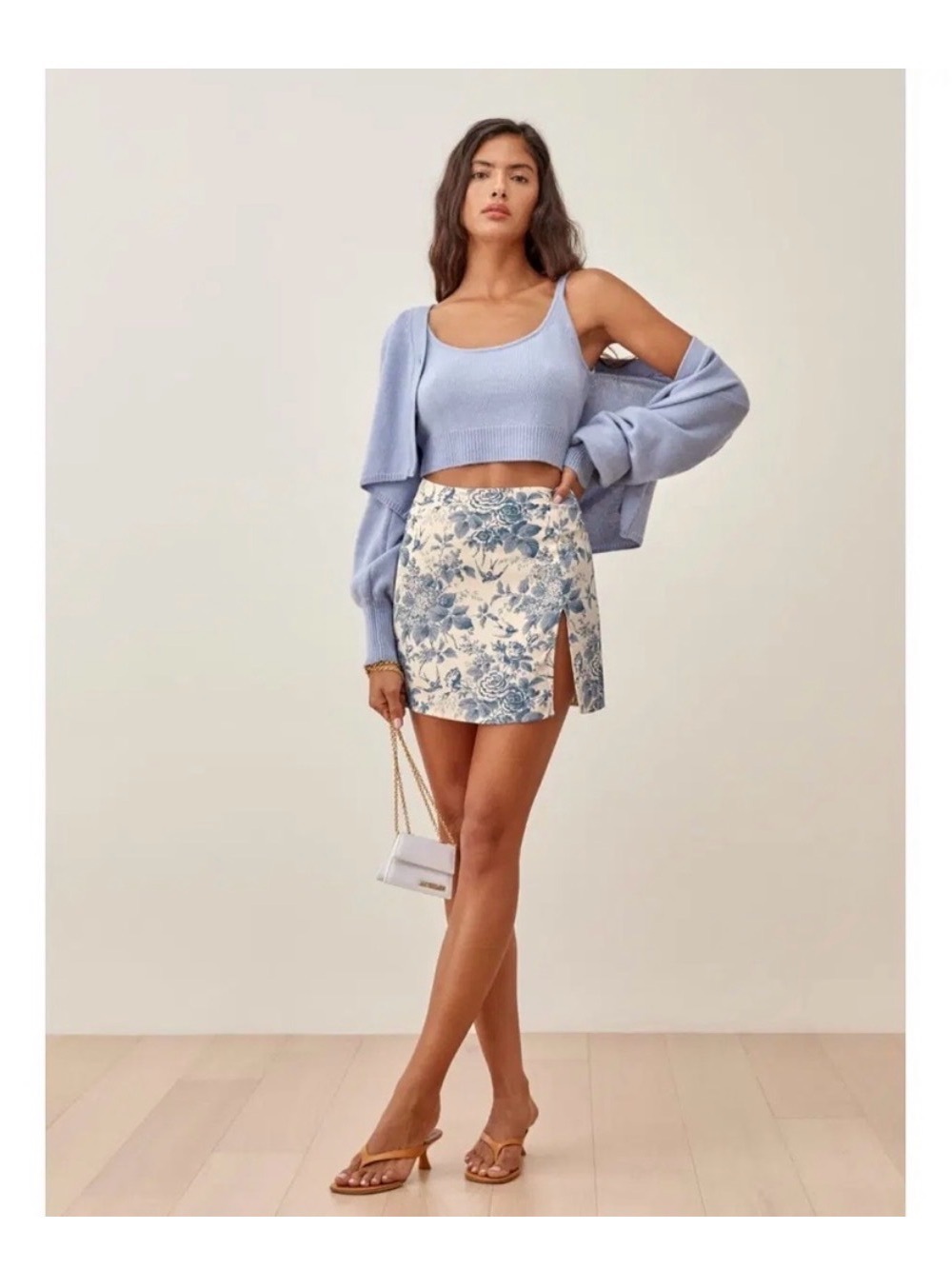 Reformation Margot Blue and Cream Floral Mini Skirt with Side Slit